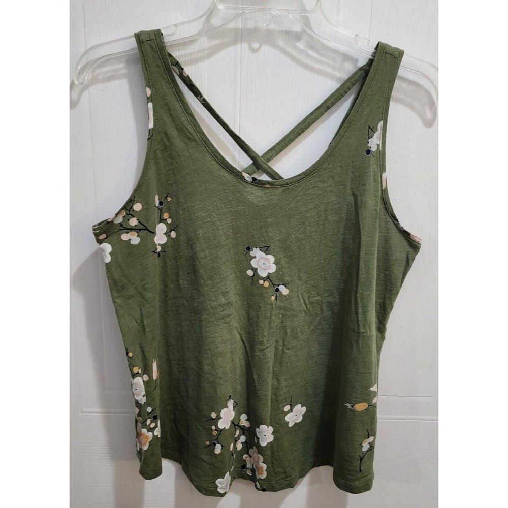 Loft Outlet Women's Sleeveless Top Criss Cross Back Round Neck Green Floral Sz S